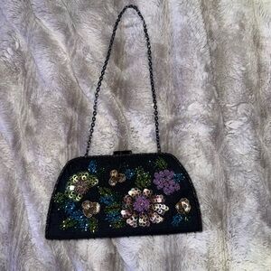 Talbots Black Floral Sequin Clutch